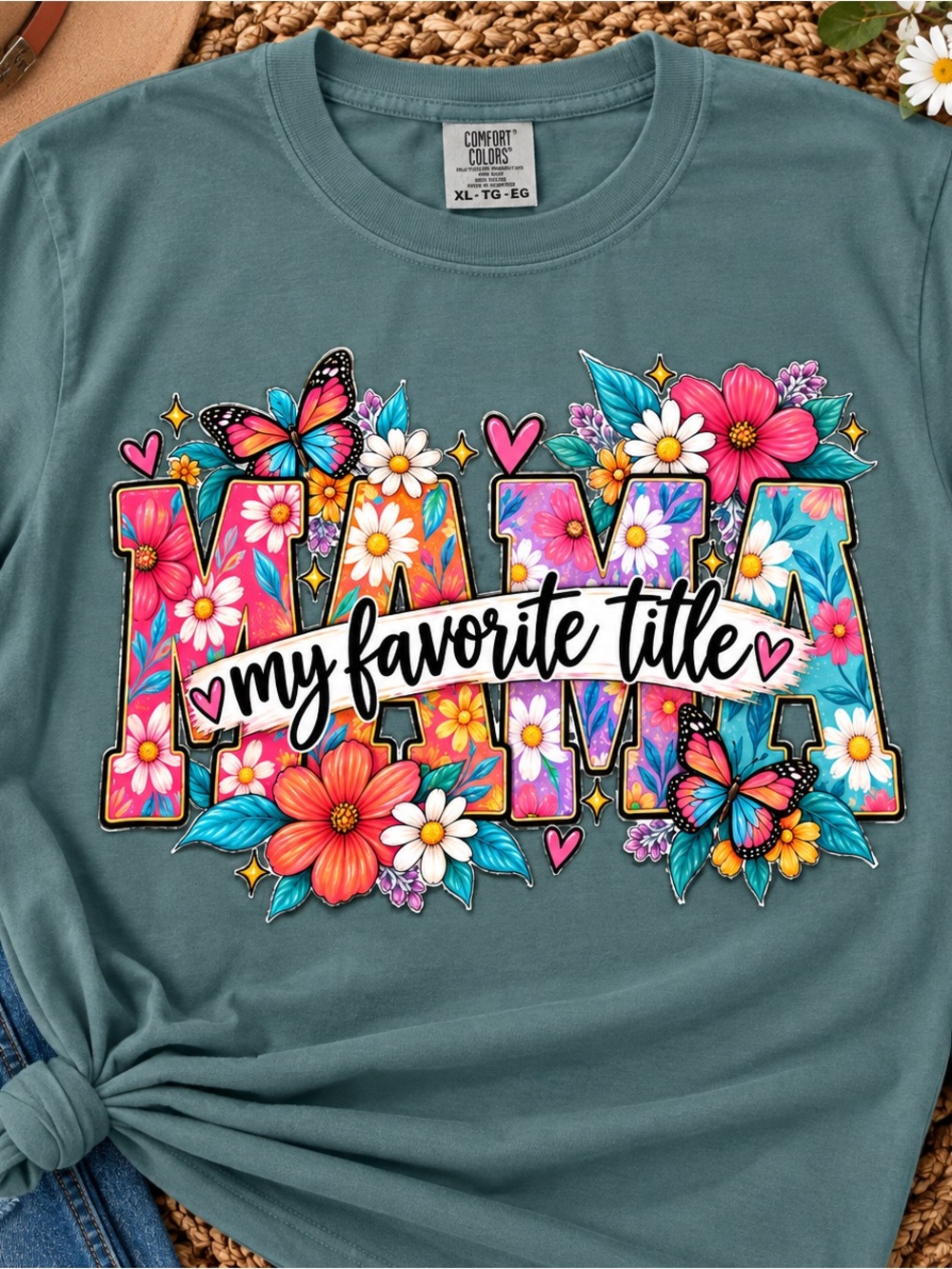 Comfort Colors Teal Floral "My Favorite Title" Graphic Tee